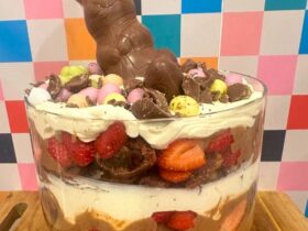Easter Strawberry and Chocolate Trifle with bunny