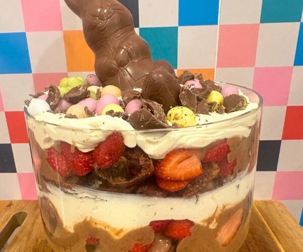 Easter Strawberry and Chocolate Trifle with bunny