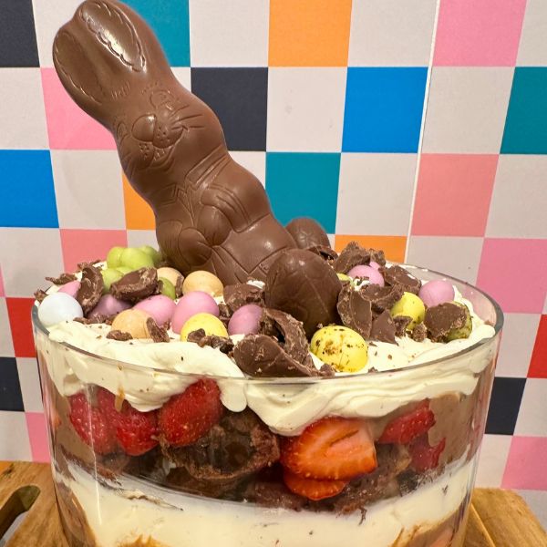 Easter Strawberry and Chocolate Trifle served in dish