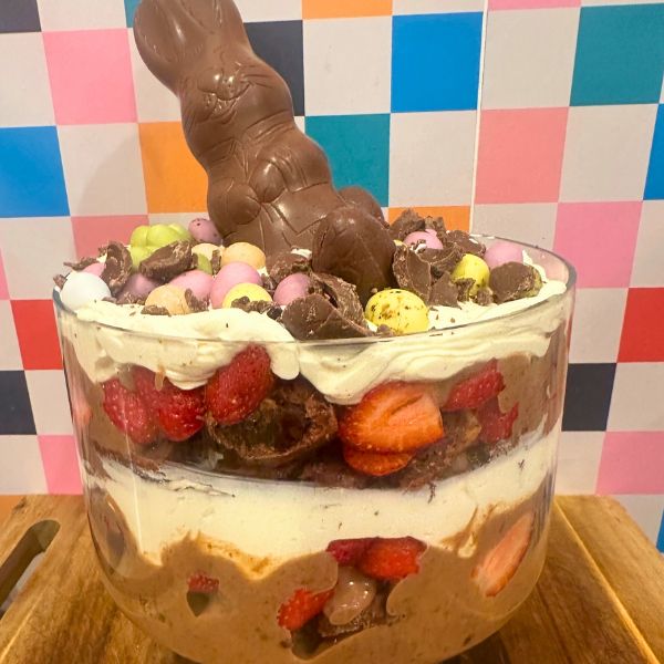 Easter Strawberry and Chocolate Trifle with bunny