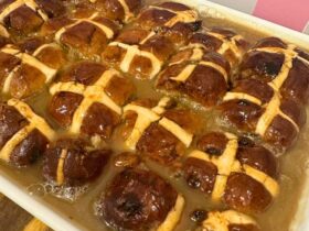 Sticky Toffee Hot Cross Bun Pudding cooked in tray