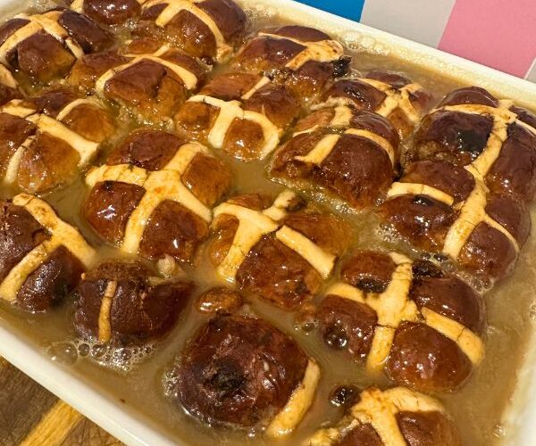 Sticky Toffee Hot Cross Bun Pudding cooked in tray
