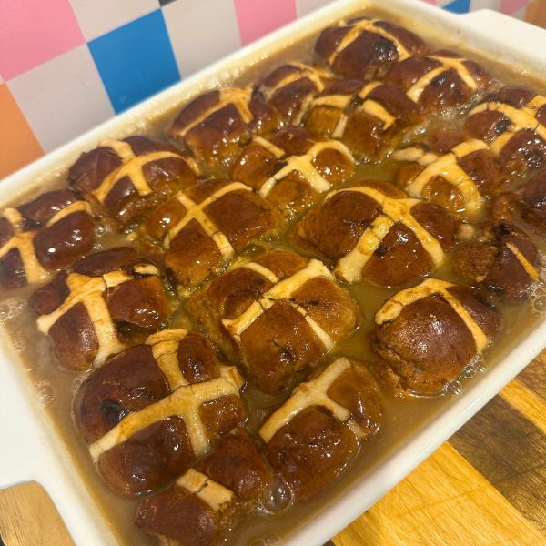 Sticky Toffee Hot Cross Bun Pudding in dish Sticky Toffee Hot Cross Bun Pudding cooked and in tray