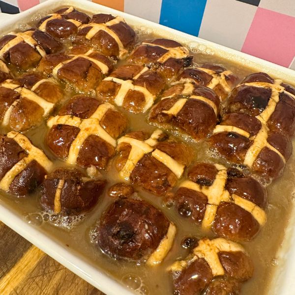 Sticky Toffee Hot Cross Bun Pudding Sticky Toffee Hot Cross Bun Pudding cooked in tray