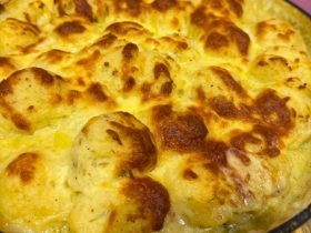 Chicken Bacon and Leek Potato Pie cooked and served in pot