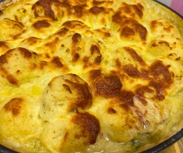 Chicken Bacon and Leek Potato Pie cooked and served in pot