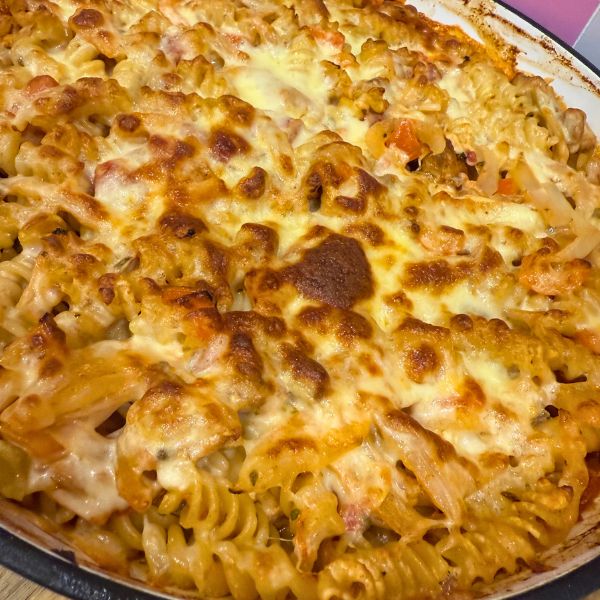 Chicken Fajita Pasta Bake cooked and browned up