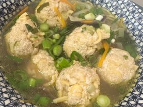 Chicken Meatball Noodle Soup served in bowl
