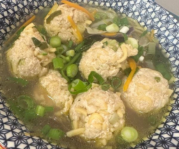 Chicken Meatball Noodle Soup served in bowl