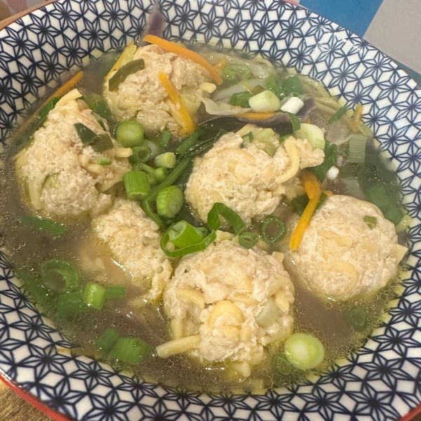 Chicken Meatball Noodle Soup served in bowl