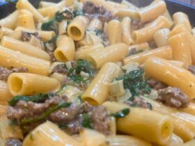 Creamy Sausage Pasta cooked and in pan