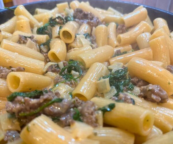Creamy Sausage Pasta cooked and in pan