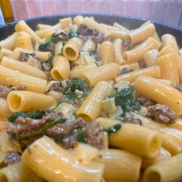 Creamy Sausage Pasta cooked and in pan