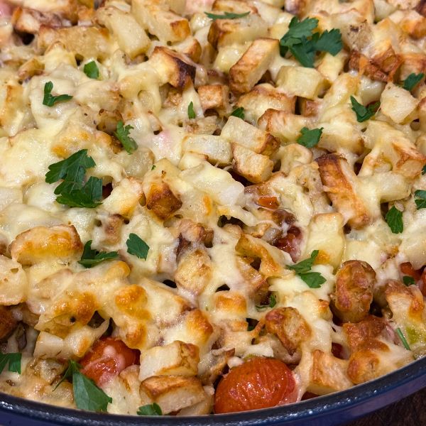 Pesto Chicken Bacon Loaded Potatoes Pesto Chicken Bacon Loaded Potatoes cooked in dish