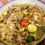 Pesto Chicken and Potatoes cooked and in dish