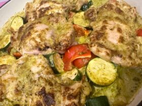 Pesto Chicken and Potatoes cooked and in dish