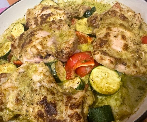 Pesto Chicken and Potatoes cooked and in dish
