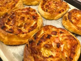 Pizza Scrolls baked on tray