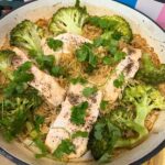 Salmon and Rice served in dish