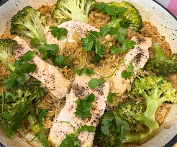 Salmon and Rice served in dish