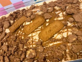 Biscoff Tiramisu Cheesecake baked in dish