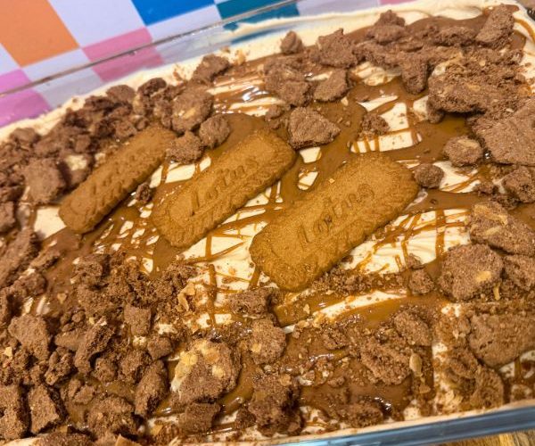 Biscoff Tiramisu Cheesecake baked in dish