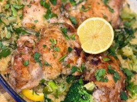 Chicken and Broccoli Risoni cooked and served in dish