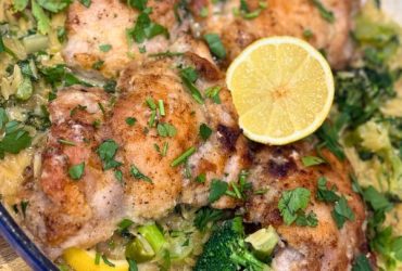 Chicken and Broccoli Risoni cooked and served in dish