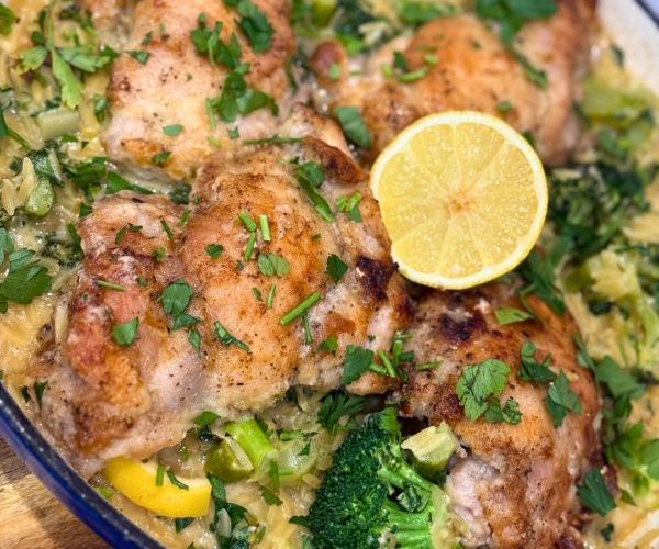 Chicken and Broccoli Risoni cooked and served in dish