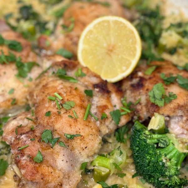 Chicken and Broccoli cooked Chicken and Broccoli Risoni cooked with a lemon in the centre