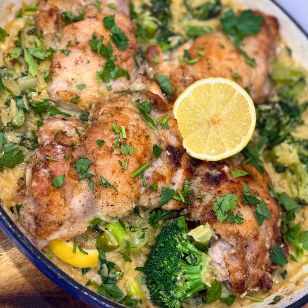 Chicken and Broccoli Chicken and Broccoli Risoni cooked and served in dish