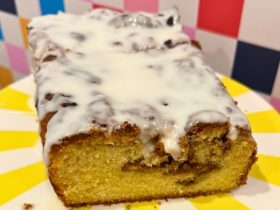 Cinnamon Roll Cake on stand