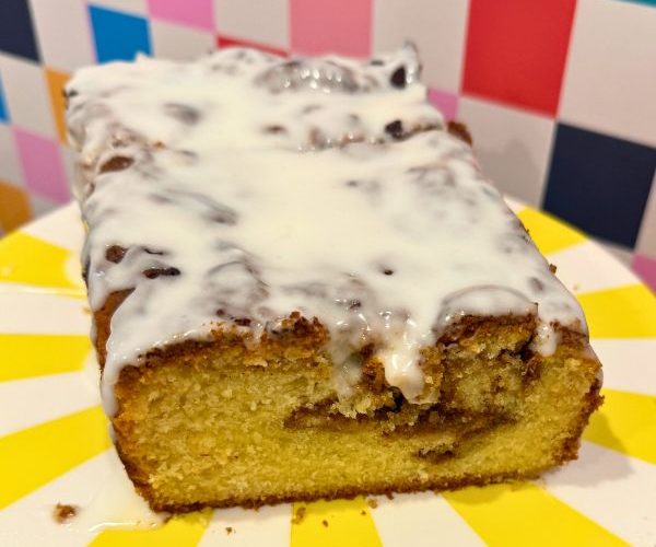 Cinnamon Roll Cake on stand